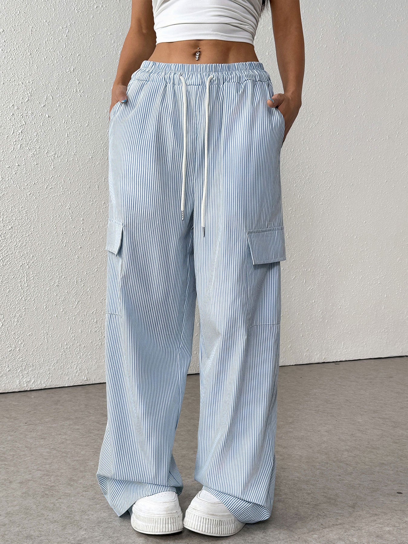 Simple Tooling Striped Draw String Wide Leg Pants