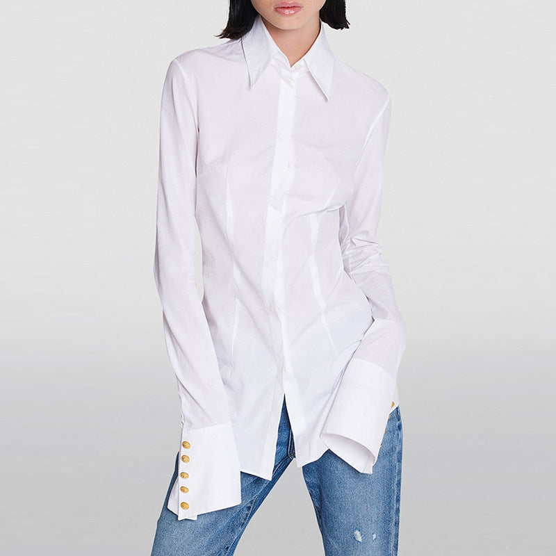 Star Simple Slim White Flared Sleeves Long Sleeves Shirt