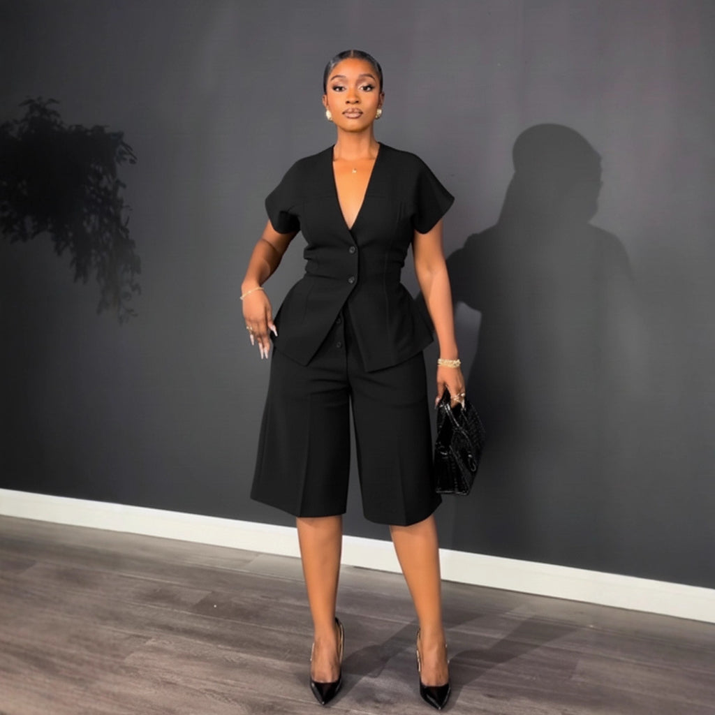 European Elegant Office Shoulder Sleeve Waist Trimming Lace up Short Pants Two Pieces