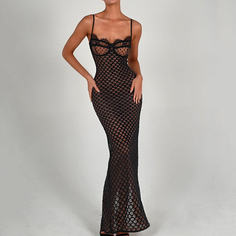 Backless Split Polka Dot Lace Dress