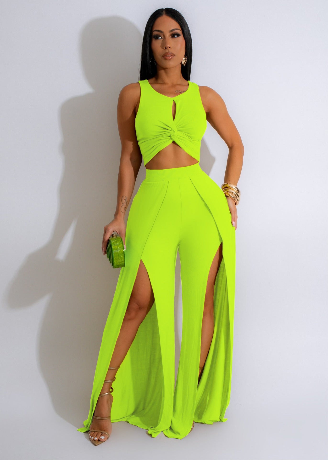 Women Wear Casual Suit Split Vest Wide Leg Pants Two Piece Set