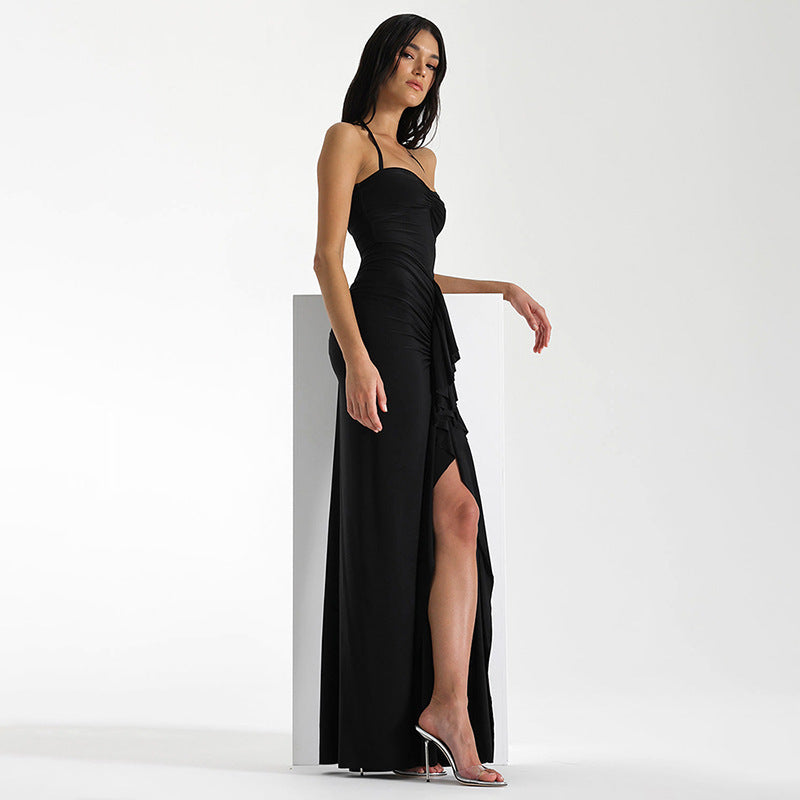 Black Crumpled Split Dress