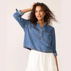 Casual Polo Collar V neck Pullover Denim Shirt