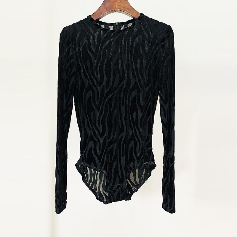 Lace Zebra Stripes Velvet Jumpsuit