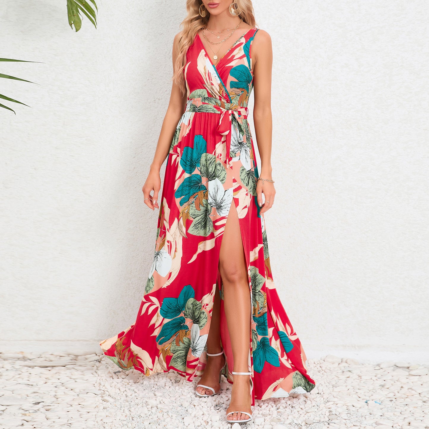 Pairs V Neck Slit Printed Dress