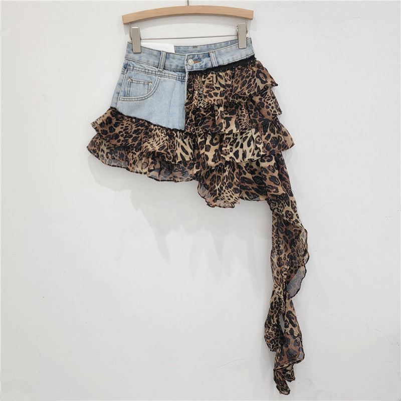 All Match Asymmetric Tiered Chiffon Denim Skirt