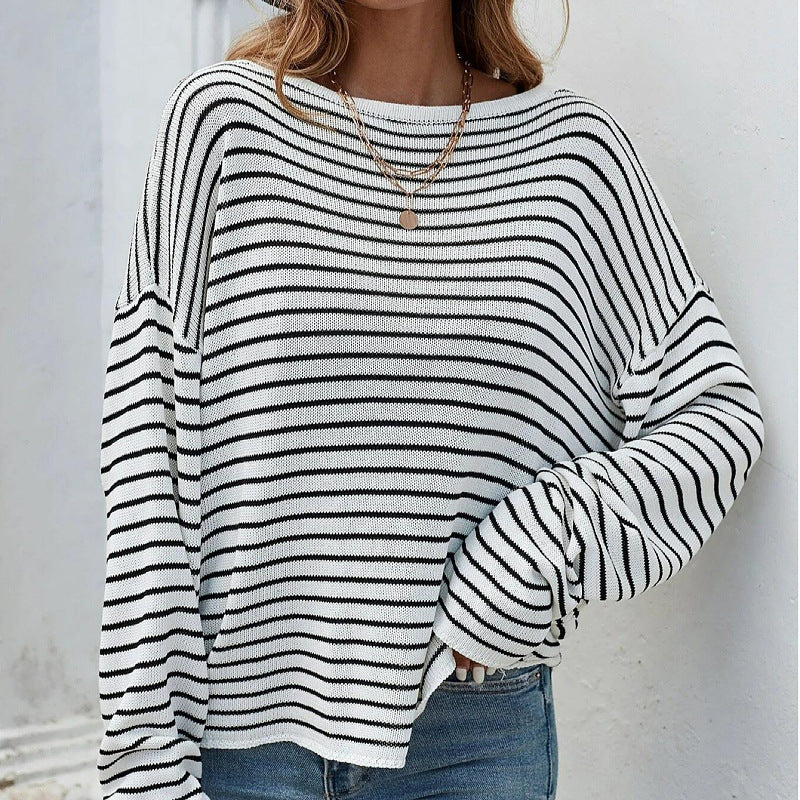 Women Striped Long Sleeve Sexy Backless Cross Women Top