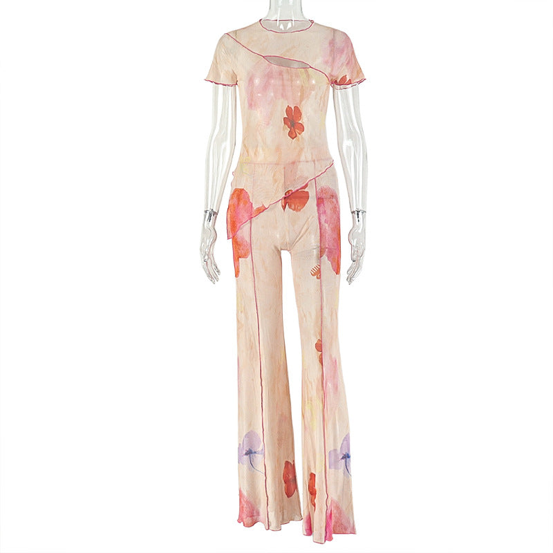 Short Sleeve Sheer Asymmetric Two Piece Pant Sets