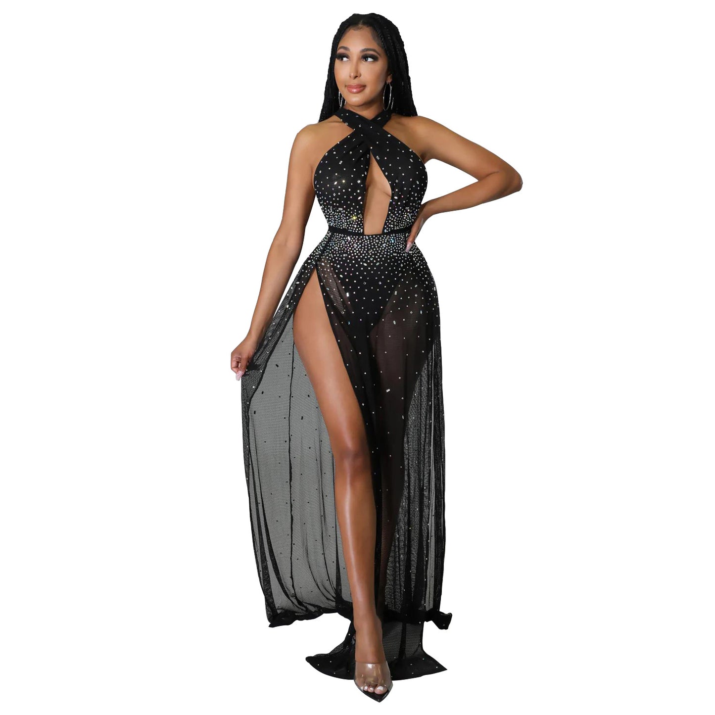 See through Rhinestone Split Dress