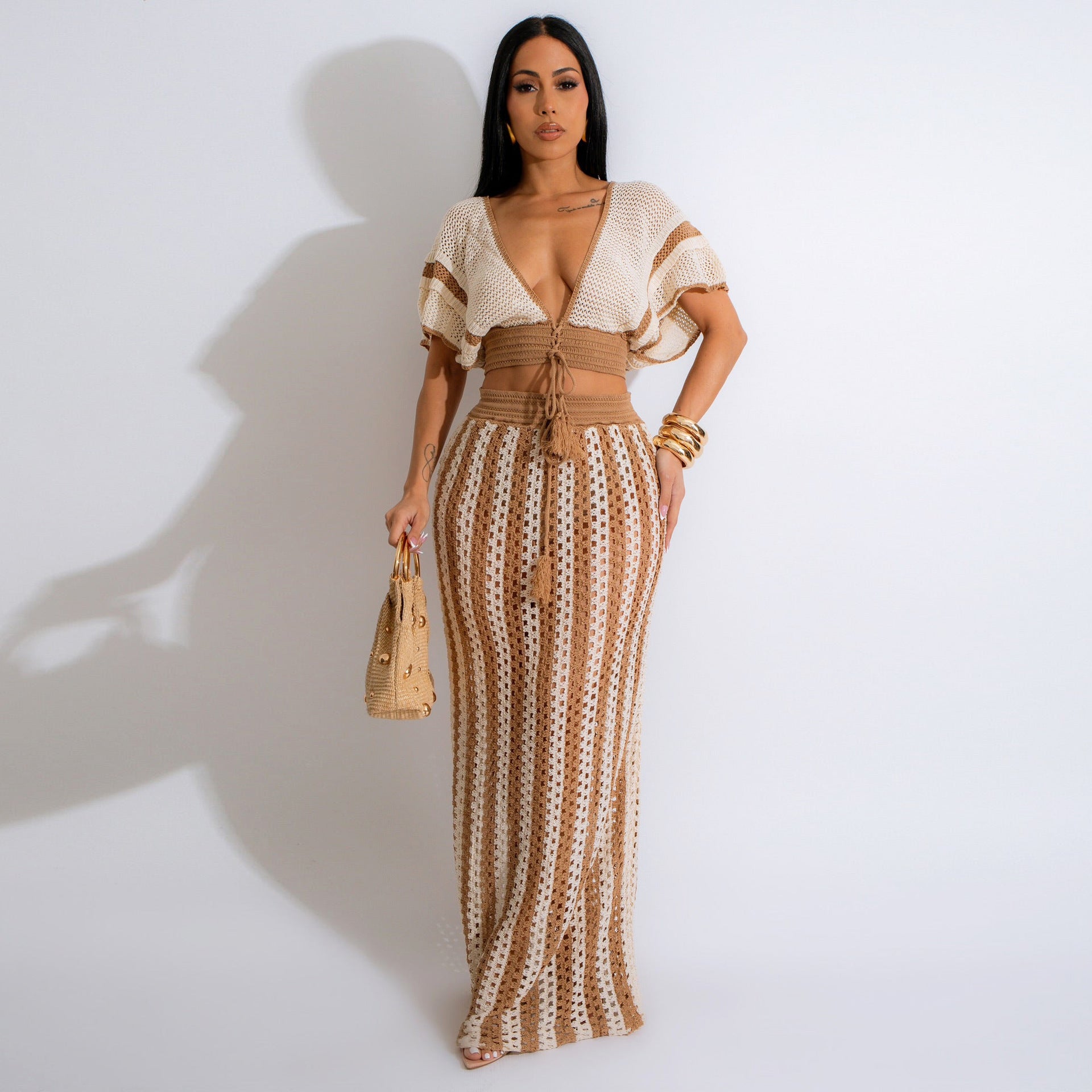 Striped Knitted Skirt Beach Set