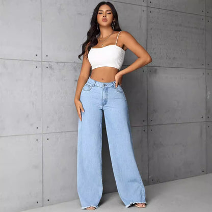 Women Clothing Mop High Waist Straight Wide Leg Jeans Trousers