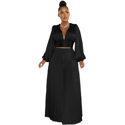 Pleated V-neck Top & Wide Leg Pants Sets