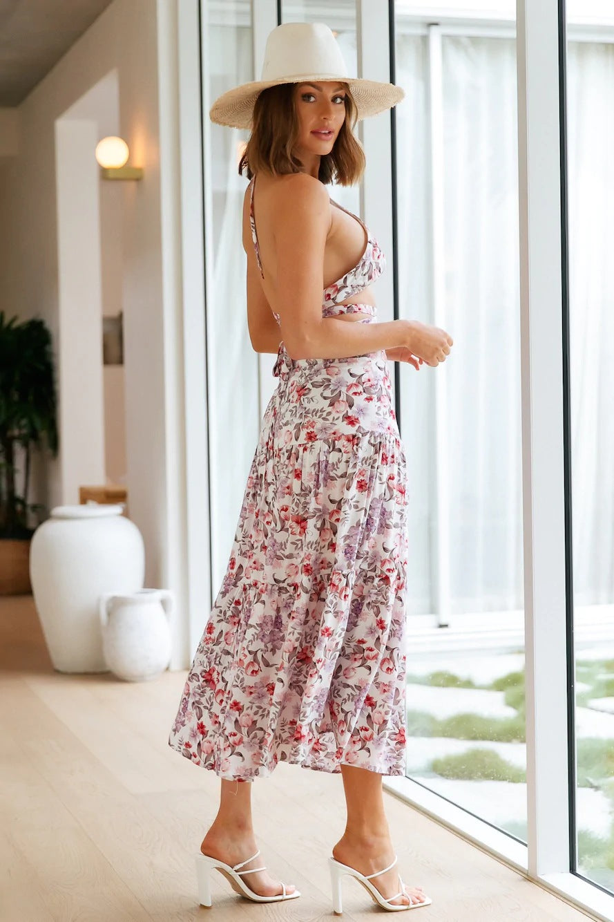 Pleated Backless Casual Floral Set