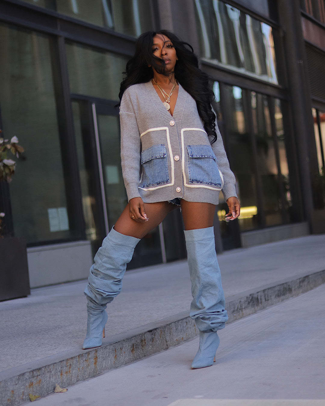 Single Breasted Denim Pocket Cardigan Sweater