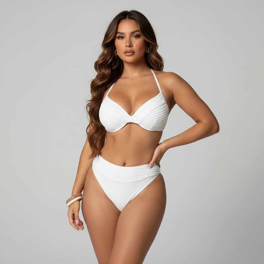 Pleated Halter Tie Bikini Set