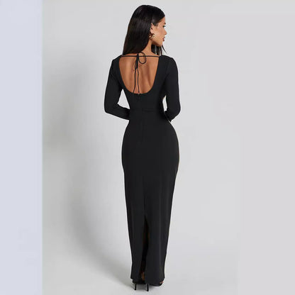 Long Knitted Backless Contrast Patchwork Pencil Dress