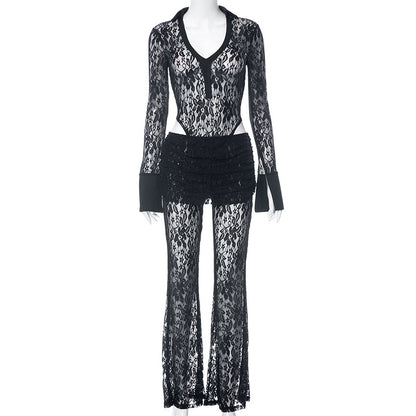 Women Clothing Autumn Winter Lace Long Sleeve Jumpsuit Straight Leg Trousers Suit