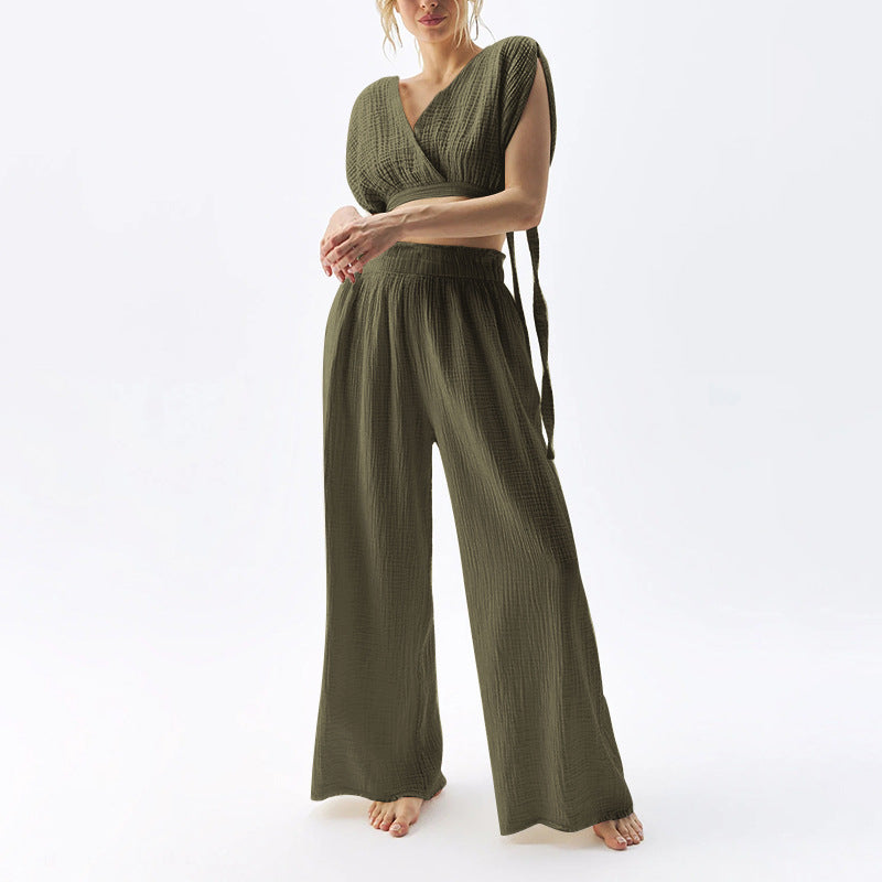 Double Layer Cotton Wide Leg Mopping Pants & Top