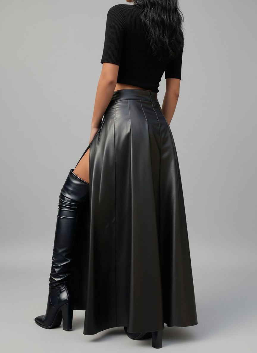 Person wearing a black leather skirt with a cutout design, standing against a gray background.