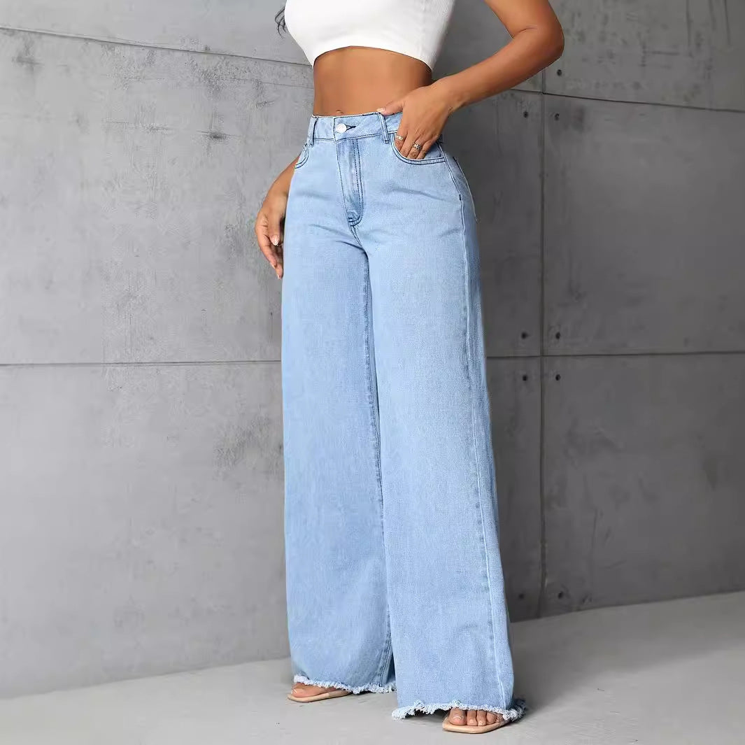 Women Clothing Mop High Waist Straight Wide Leg Jeans Trousers