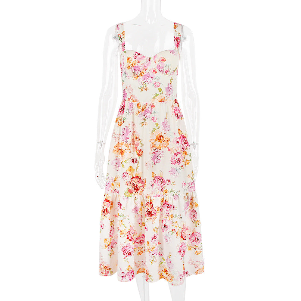 Summer Sweet Floral Midi Backless Dress