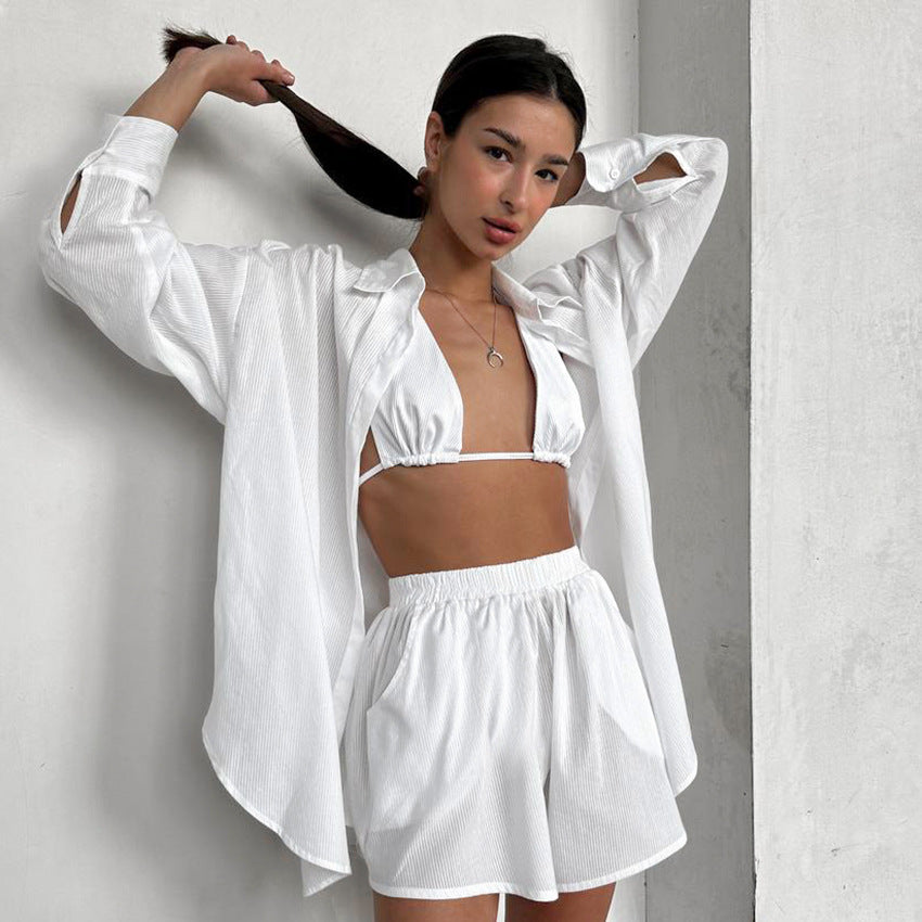 Cotton Shorts Shirt Three Piece Pajama Set