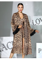 Three Piece Leopard Print Feather Cuff Nightgown Set