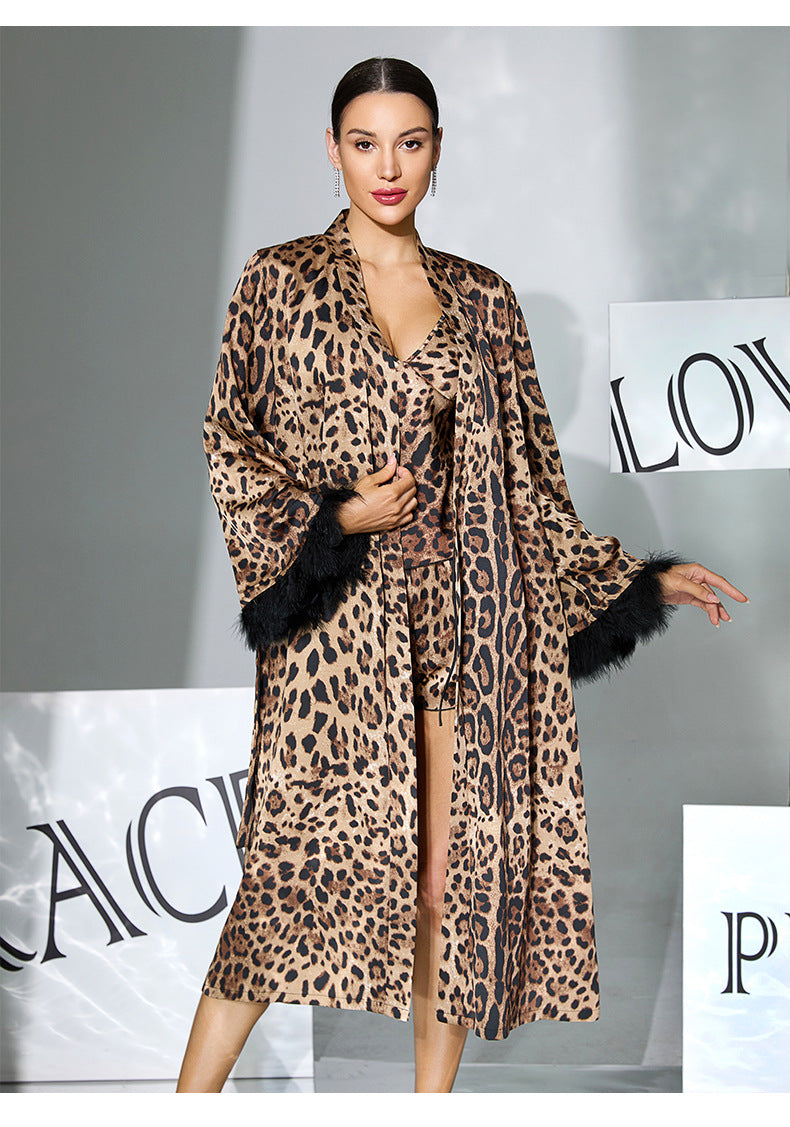 Three Piece Leopard Print Feather Cuff Nightgown Set