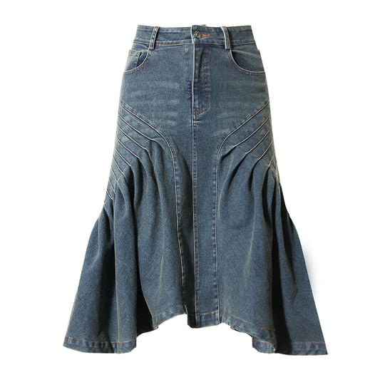 Niche Fishtail Denim Pleated Hip Skirt