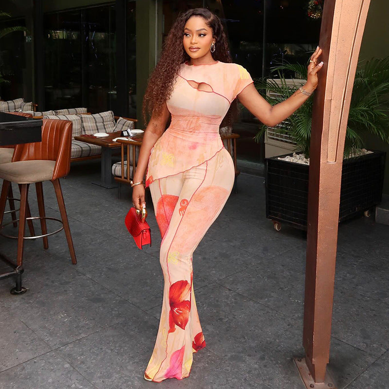 Short Sleeve Sheer Asymmetric Two Piece Pant Sets