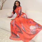 Printed Long Sleeve A-Line Maxi Dress – Slim Fit Crew Neck