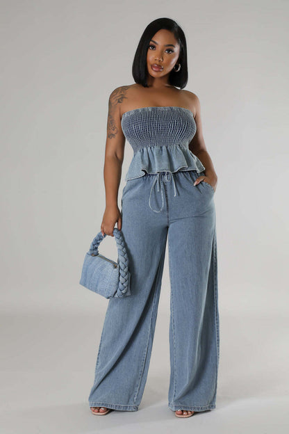 Ruffled Denim Tube Top Jumpsuit