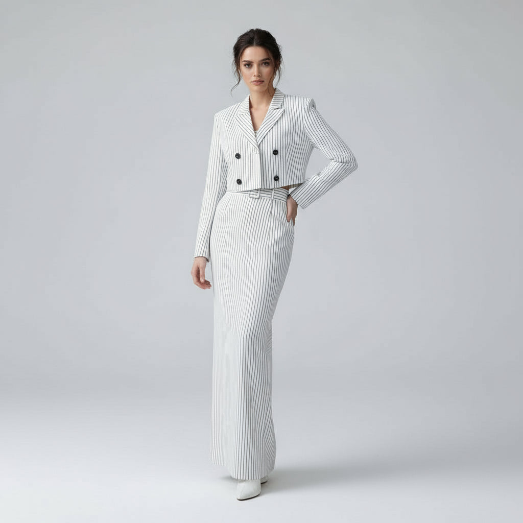 Striped Two Piece Short Blazer Skirt Set