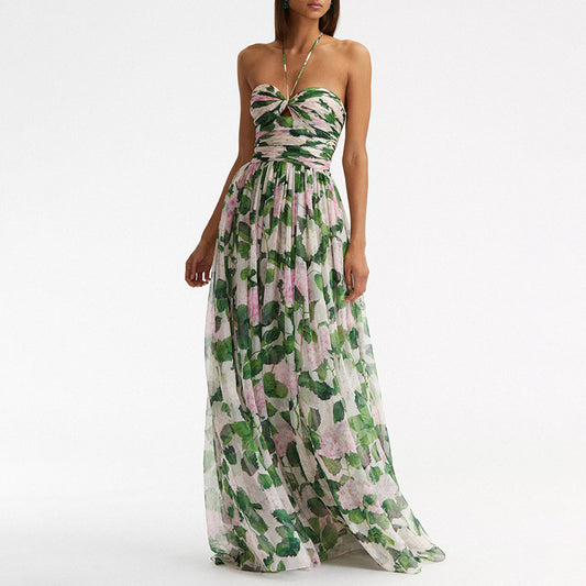 Green Floral Maxi Dress Summer Halter Maxi Dress