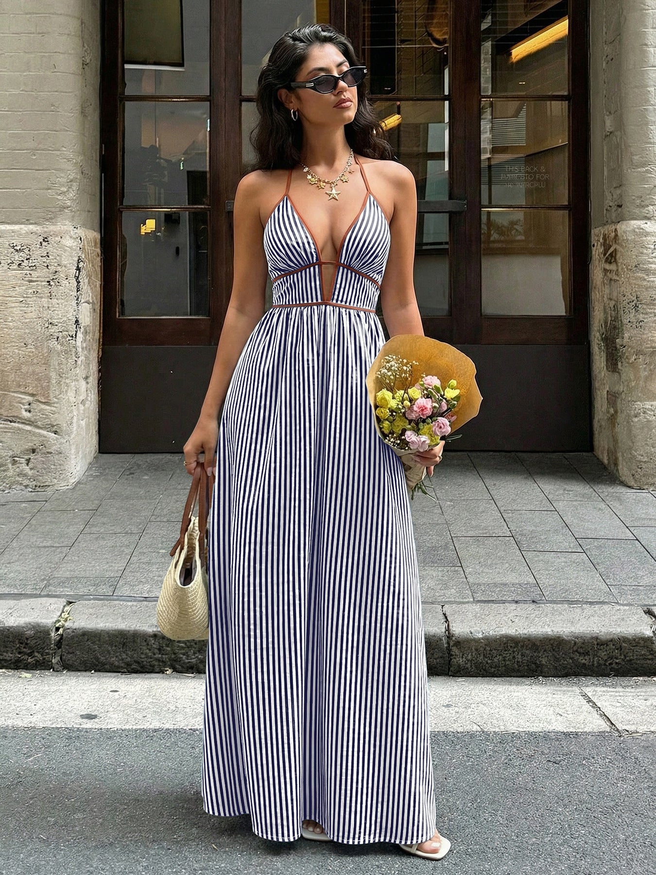 V neck Striped Backless Sleeveless Maxi Dress