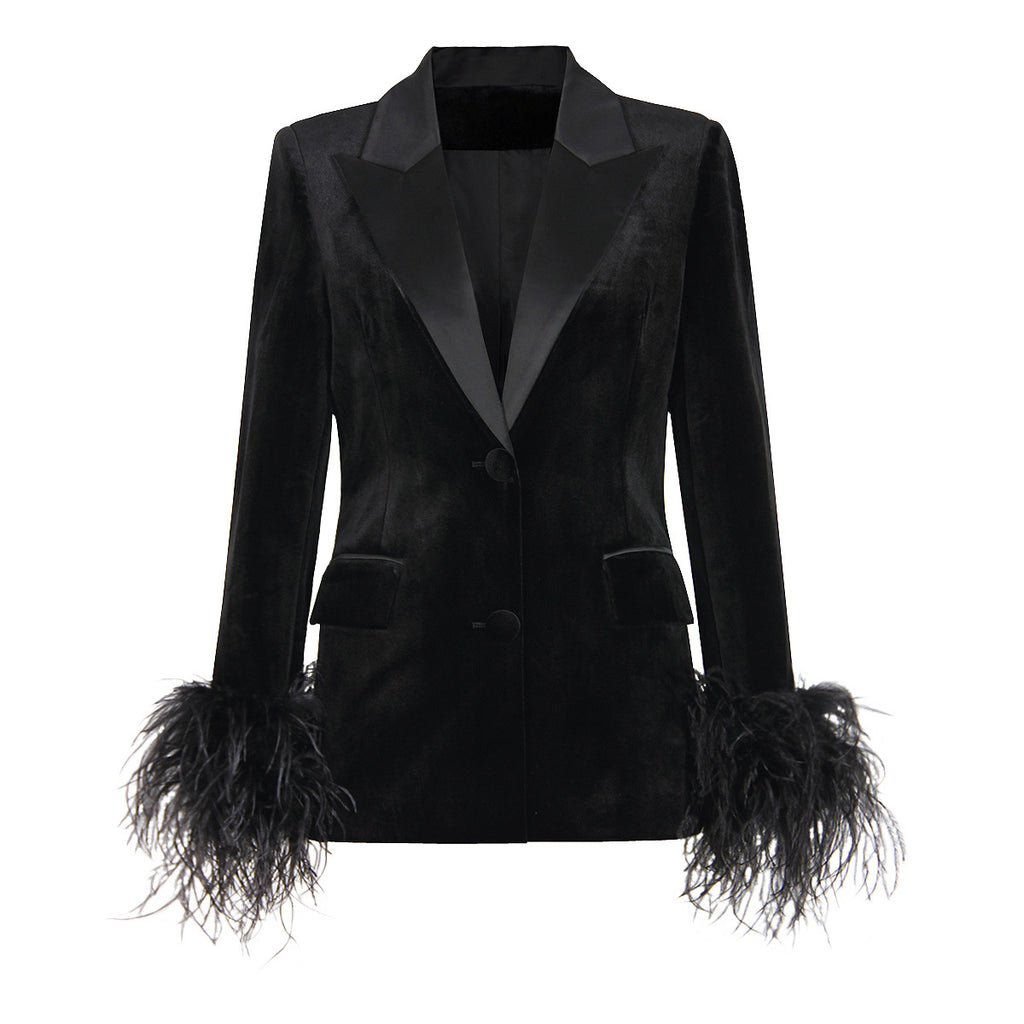 Ostrich Feather Velvet Blazer