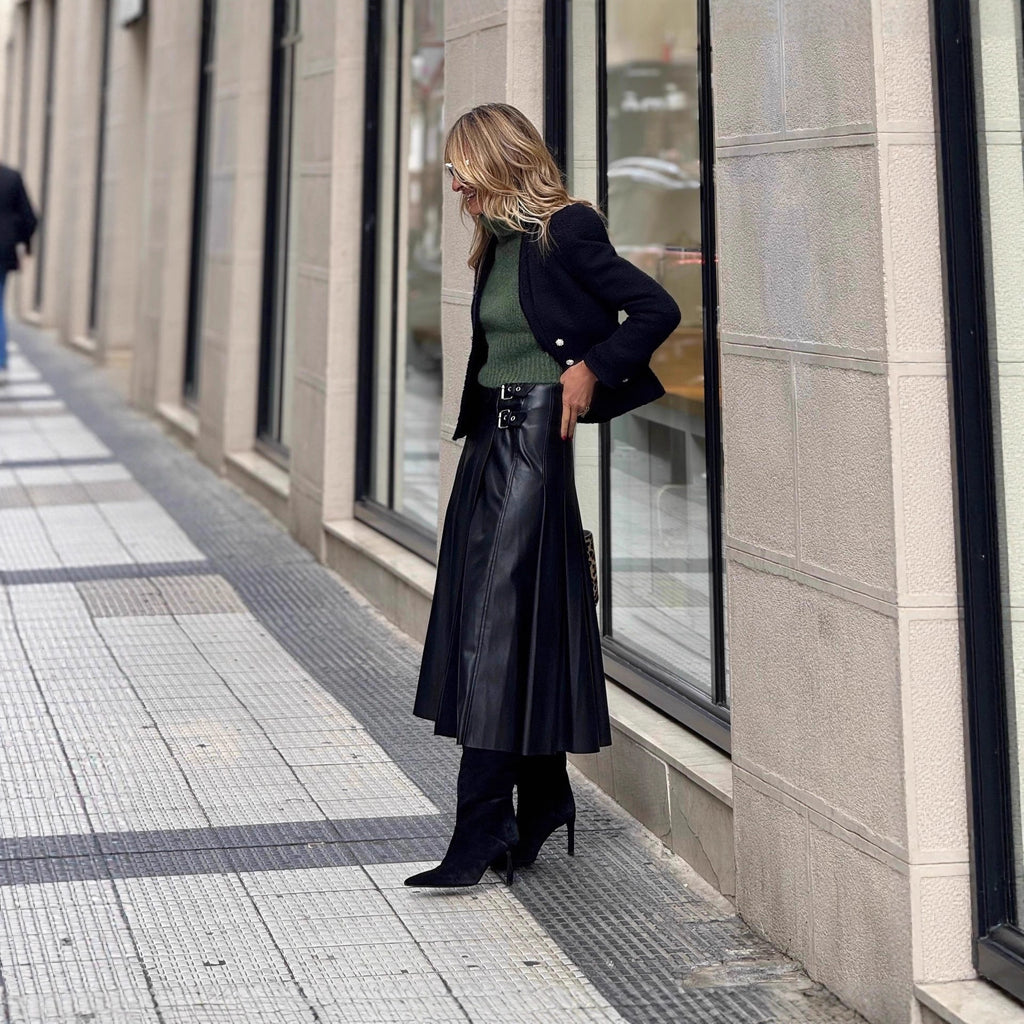 A line Pleated Faux Leather Skirt