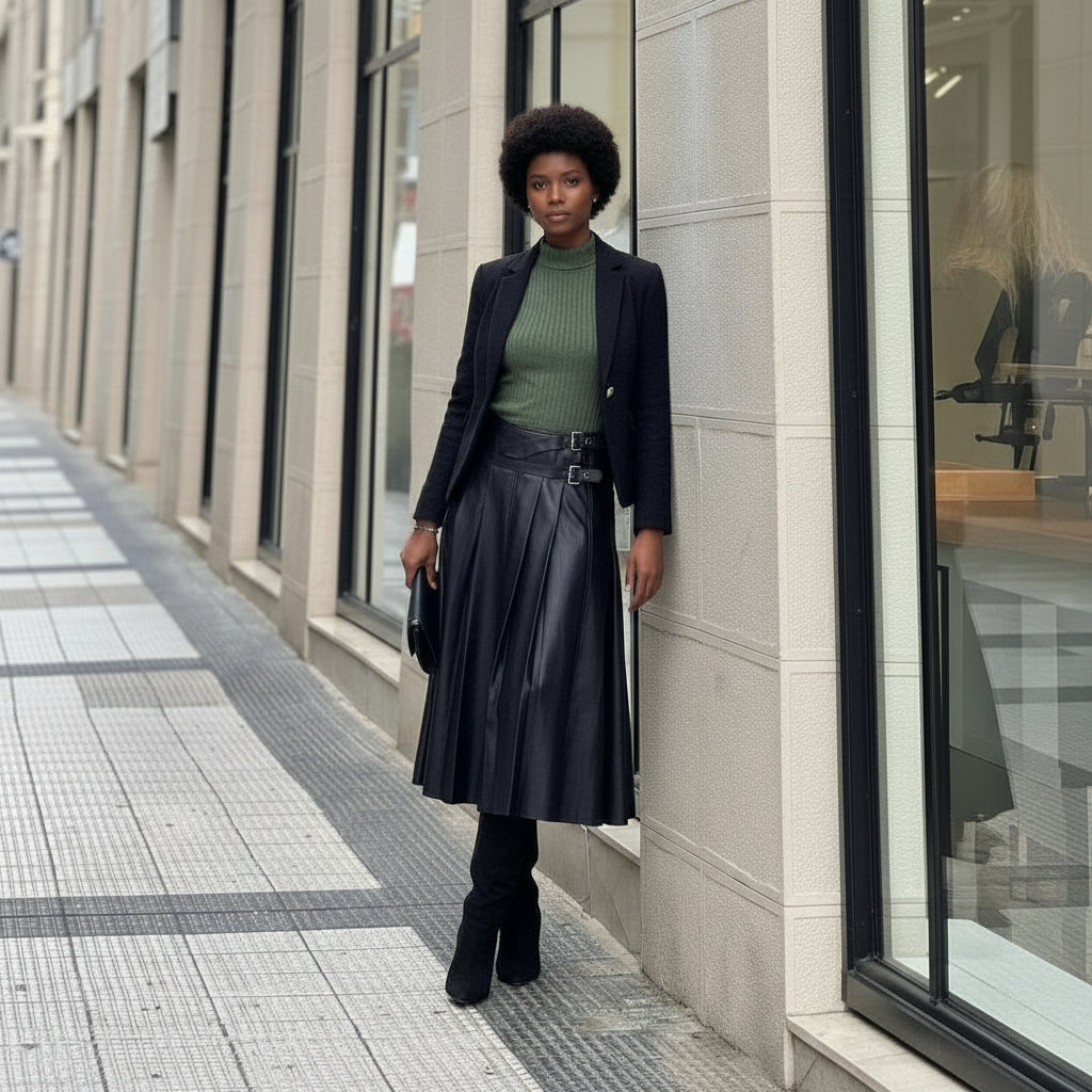 A line Pleated Faux Leather Skirt