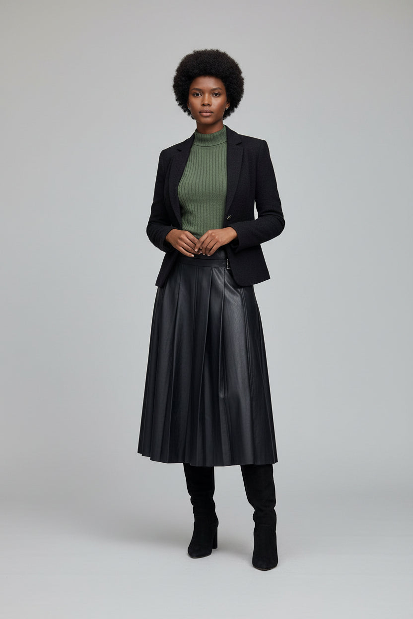 A-Line Pleated Faux Leather Skirt
