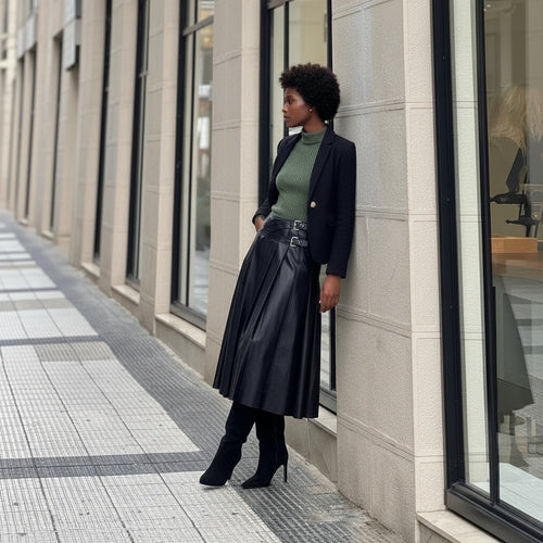 A line Pleated Faux Leather Skirt