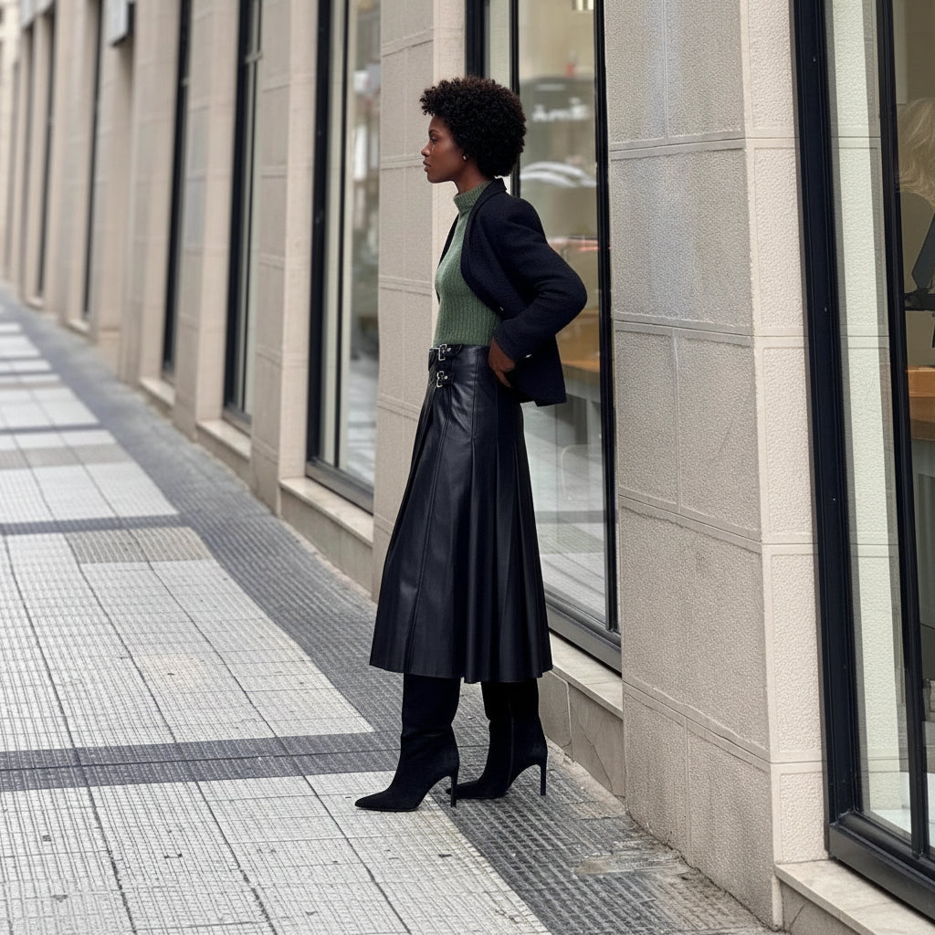 A line Pleated Faux Leather Skirt