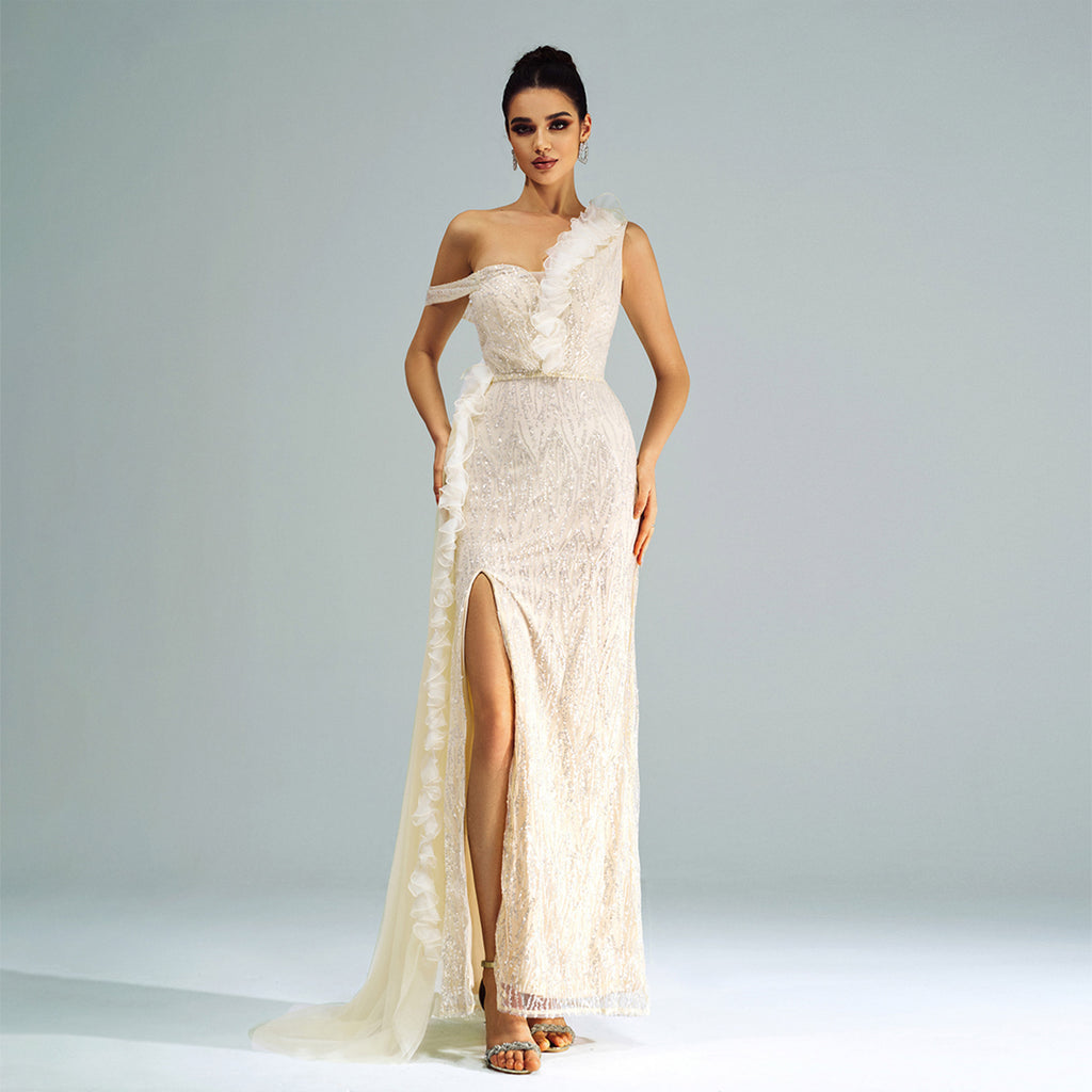 One Shoulder Sheath Sequined Split Wedding Dress