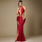 Red Halter Backless Ribbon Maxi Dress