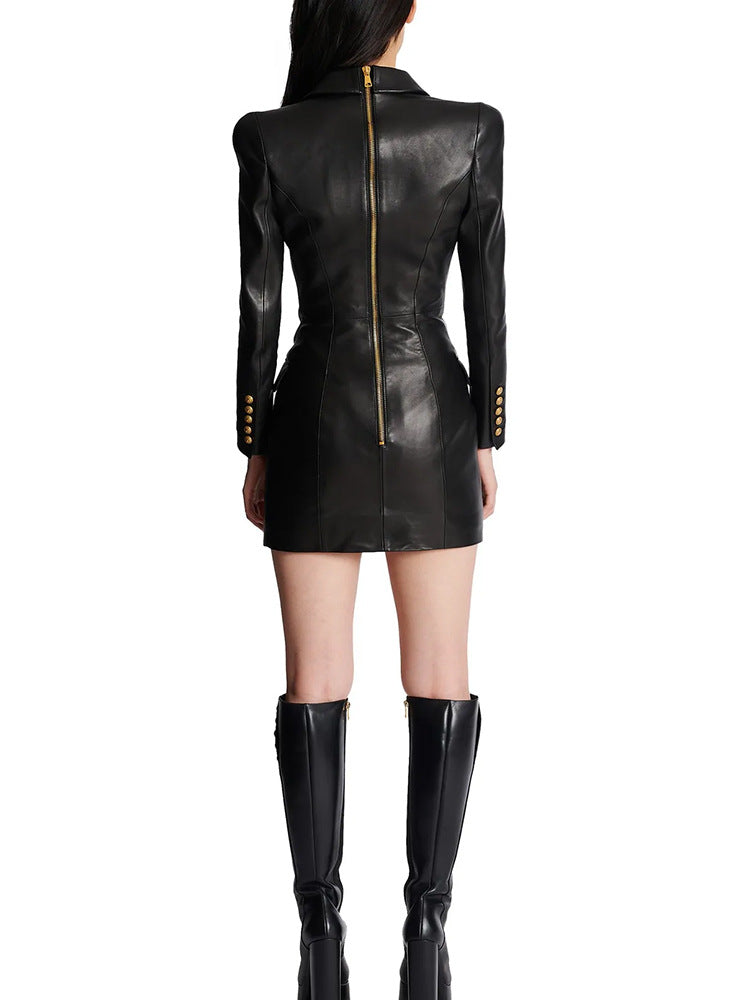 Double Breasted Faux Leather Gold Button Dress