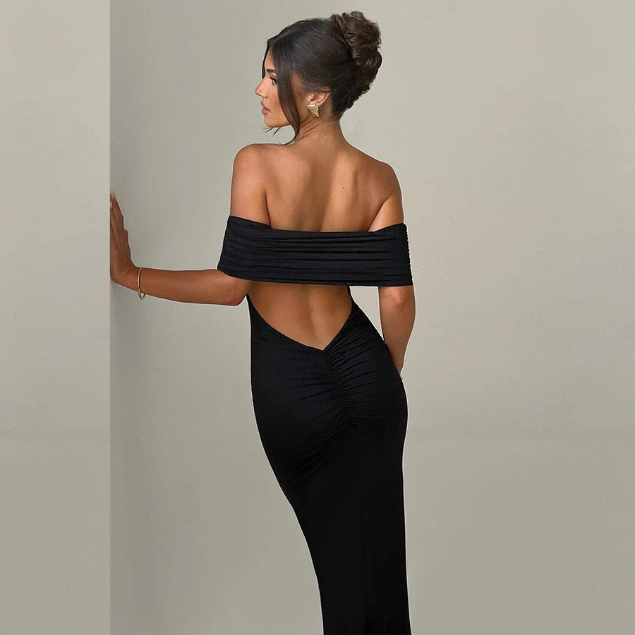 Black Off Shoulder Backless Pleated Dress