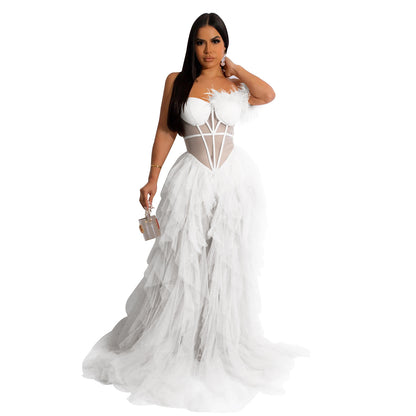 Chest Wrap Mesh Maxi Feather Dress