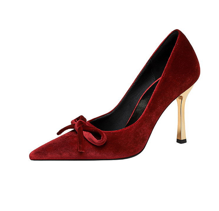 French Metal High Heel Slip on Stilettos Bow Suede Cocktail Goddess Shoes