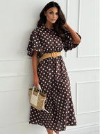 Polka Dot Puff Sleeve Midi Dress – Collared A-Line Loose Fit