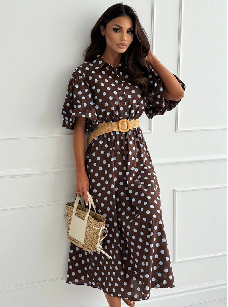 Polka Dot Puff Sleeve Midi Dress – Collared A-Line Loose Fit