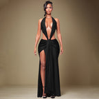 Red Halter Backless Ribbon Maxi Dress
